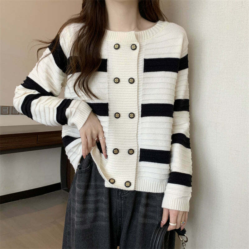 Gen Z Double Breasted Striped Sweater Coat - Y2K Knit Top