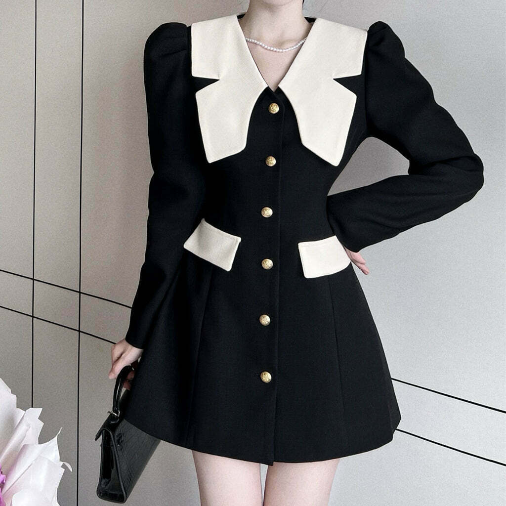 Gen Z Fashion: Color Block Long Sleeve Suit Dress for K-POP & Streetwear Style