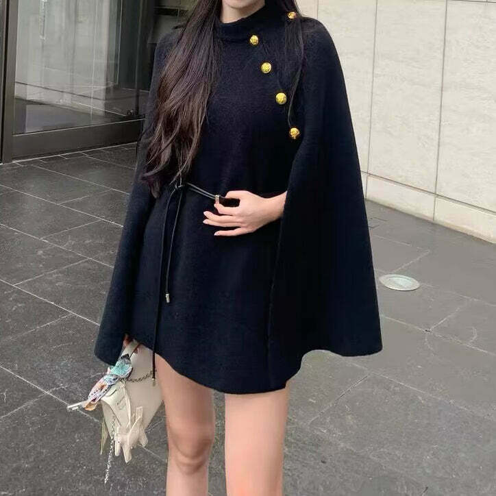 Gen Z Fashion: Stylish Sweater Cape Coat Dress with Belt for Y2K Streetwear