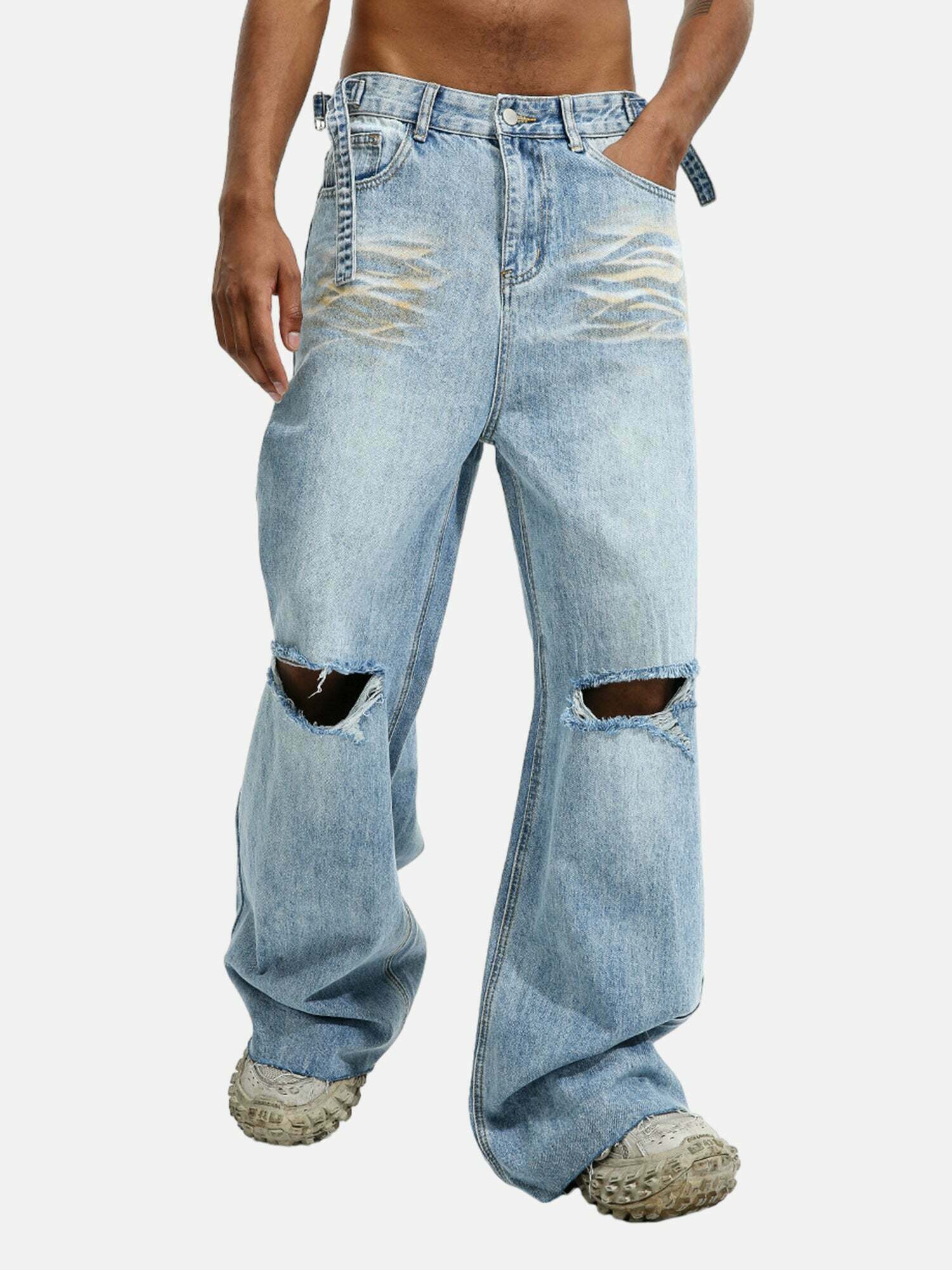 Gen Z Fashion: Trendy Knee-high Ripped Jeans for Y2K Style