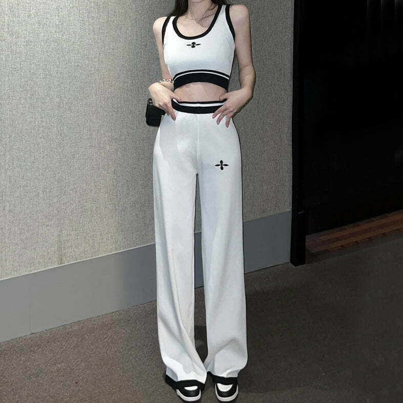 Gen Z Fashion: White Tank Top & High Waist Long Pants Set