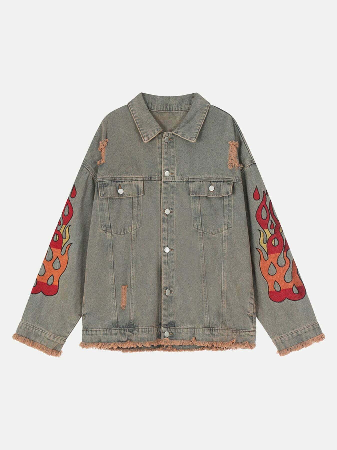 Gen Z Flame Embroidered Denim Jacket for Y2K Streetwear Style