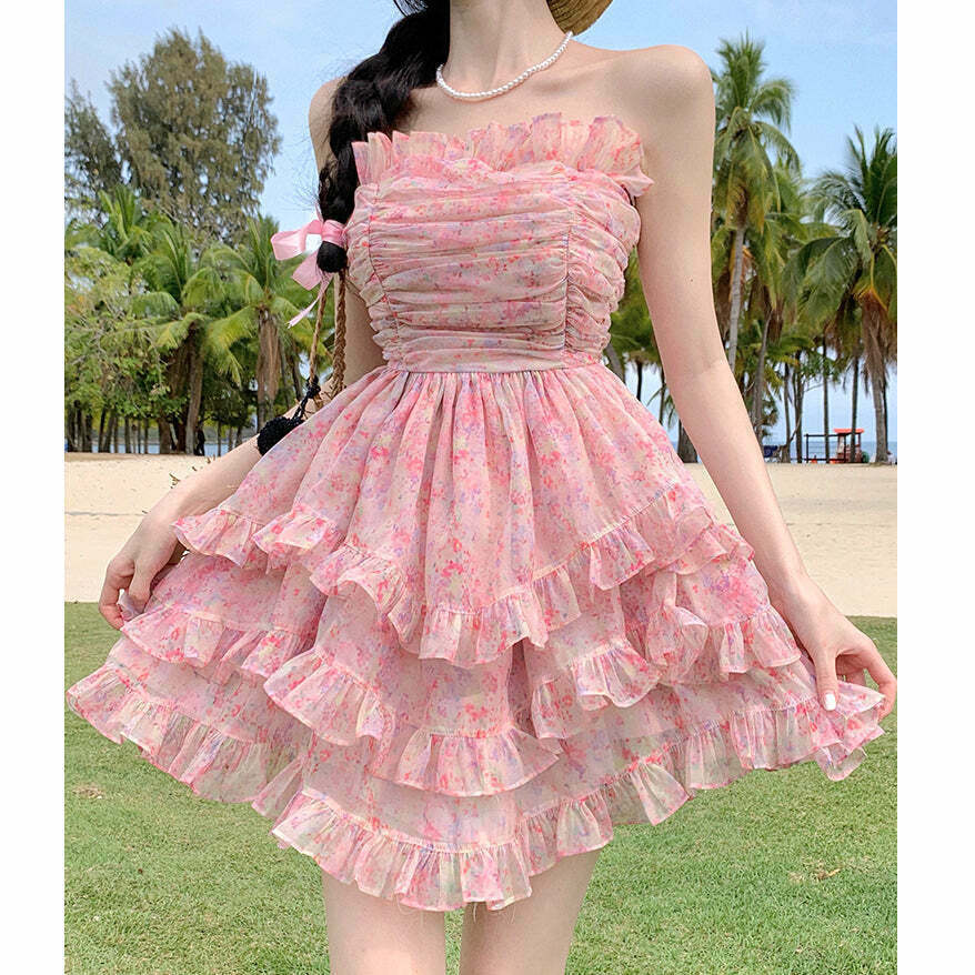 Gen Z Floral Organza Bandeau Dress: Y2K Streetwear Fashion