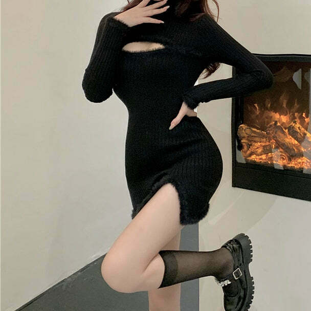 Gen Z High-Neck Knit Bodycon Dress for Winter Streetwear