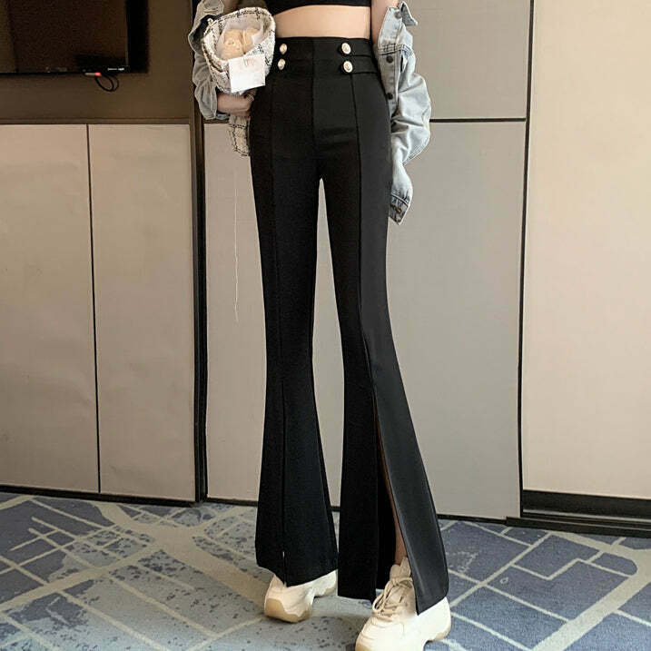 Gen Z High Waist Black Suit Pants with Micro Flare - Streetwear Y2K Style