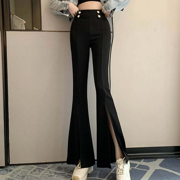 Gen Z High Waist Black Suit Pants with Micro Flare - Streetwear Y2K Style