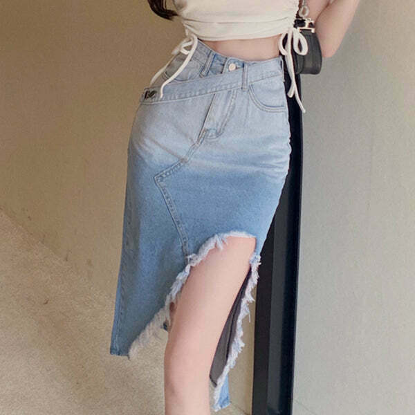 Gen Z High Waist Blue Denim Slit Skirt - Y2K Streetwear Fashion