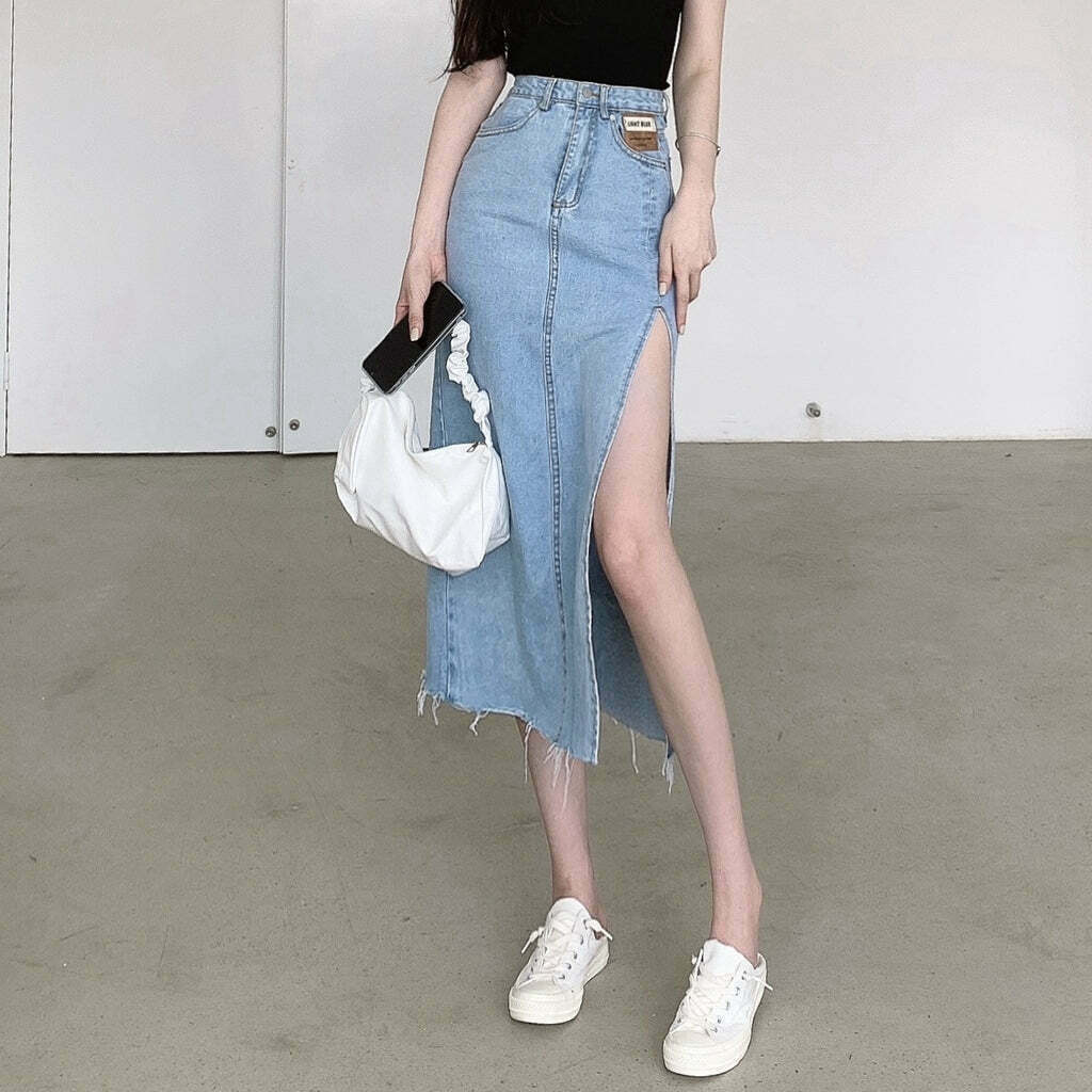 Gen Z High Waist Denim Skirt with Side Slit - Y2K Streetwear Fashion