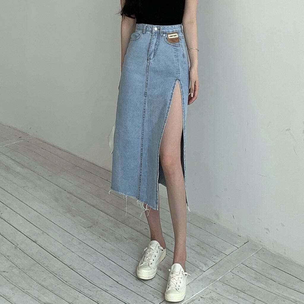 Gen Z High Waist Denim Skirt with Side Slit - Y2K Streetwear Fashion