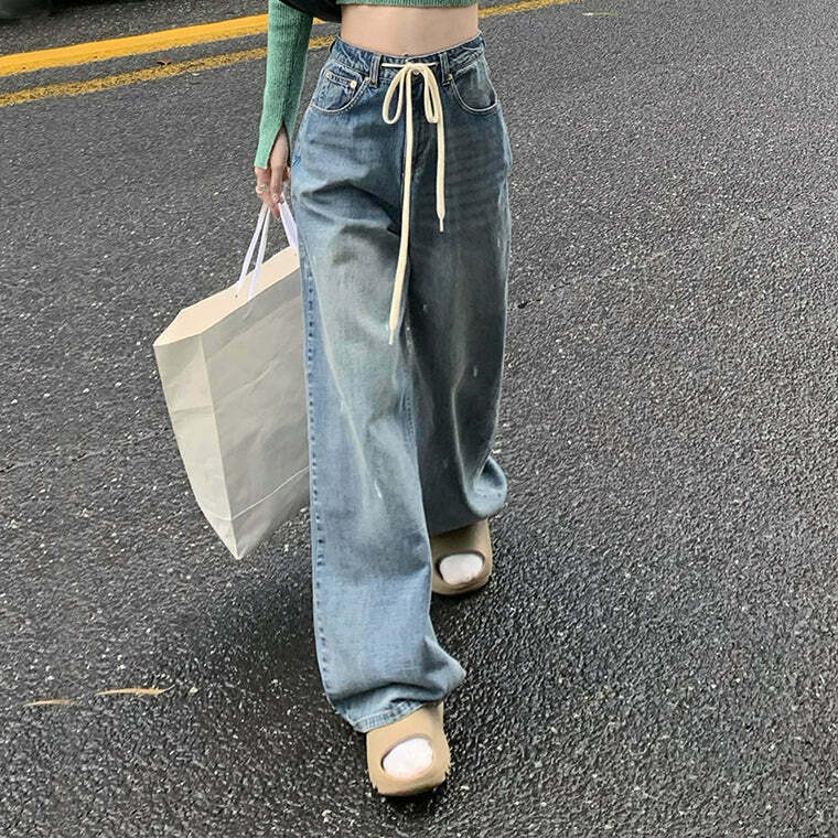 Gen Z High Waist Lace-Up Wide-Leg Jeans: Streetwear Fashion for K-POP and Y2K Style