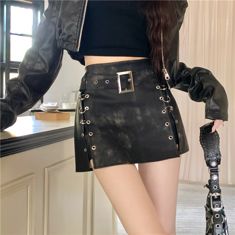 Gen Z High Waist Leather Skirt with Metal Ring Detail