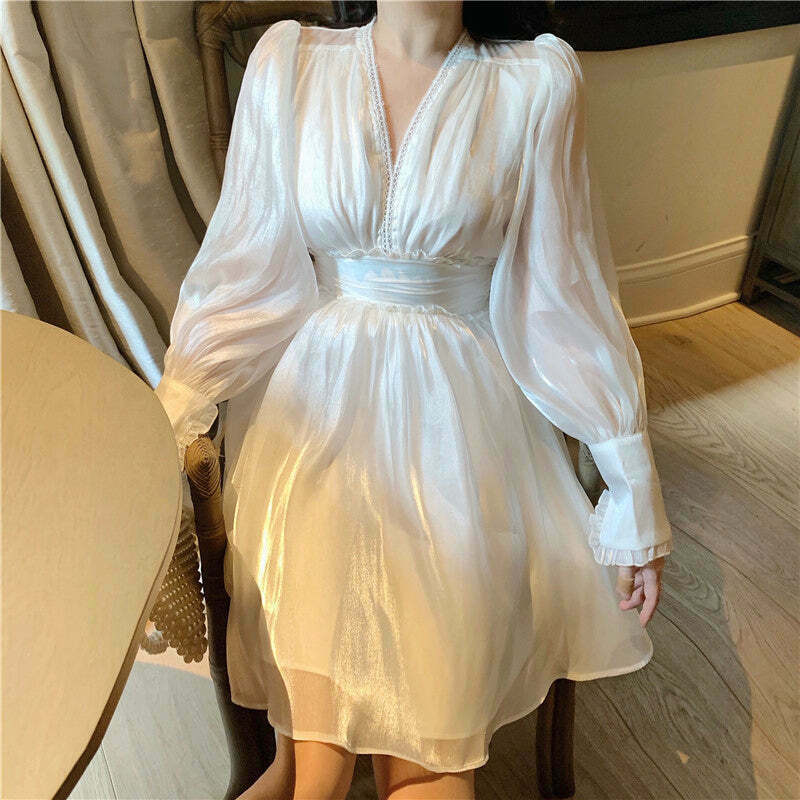 Gen Z High Waist Ruffled V-Neck Puff Sleeve White Dress - Y2K Streetwear Fashion