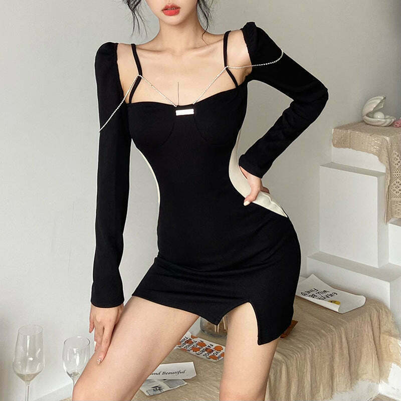 Gen Z High Waist Square Neck Backless Long Sleeve Dress - Trendy Y2K Fashion