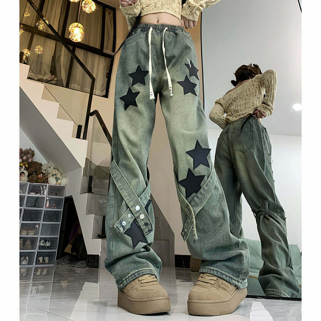 Gen Z High Waist Star Print Jeans for Trendy Streetwear Style