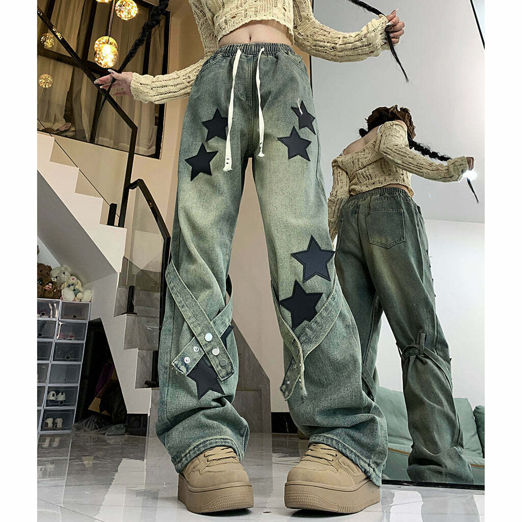 Gen Z High Waist Star Print Jeans for Trendy Streetwear Style