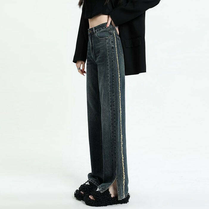 Gen Z High Waist Wide Leg Jeans with Raw Edge Slit - Y2K Streetwear Fashion