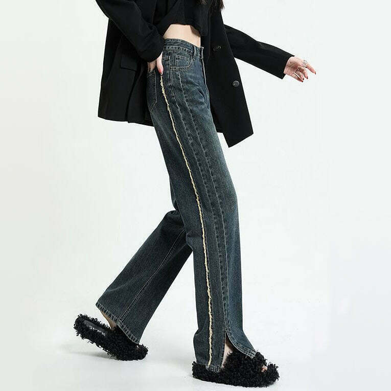 Gen Z High Waist Wide Leg Jeans with Raw Edge Slit - Y2K Streetwear Fashion