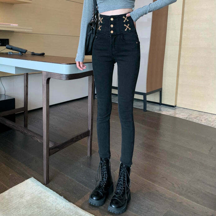 Gen Z High-Waisted Black Stretch Pencil Jeans for K-POP & Y2K Fashion