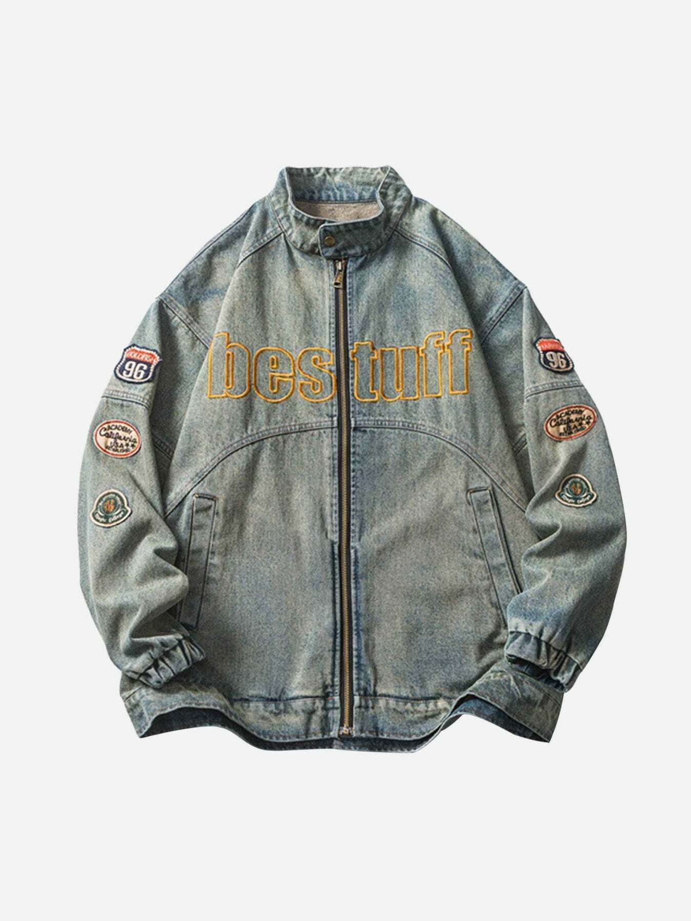 Gen Z Hip-hop Badge Embroidered Denim Jacket for Y2K Streetwear - 1911