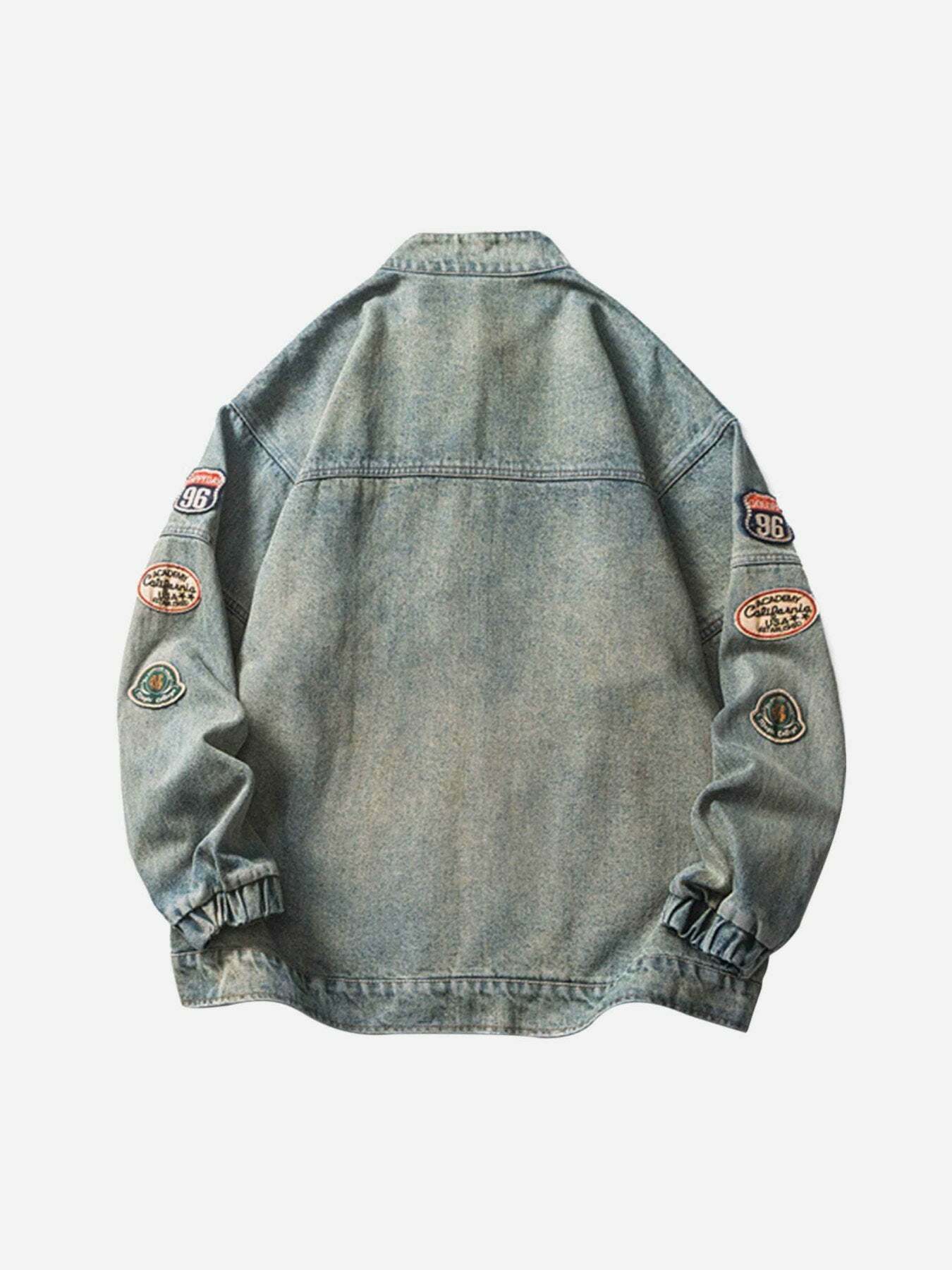 Gen Z Hip-hop Badge Embroidered Denim Jacket for Y2K Streetwear - 1911