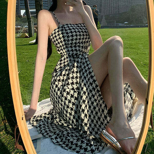 Gen Z Houndstooth Slit Waist Slip Dress for K-POP & Y2K Fashion