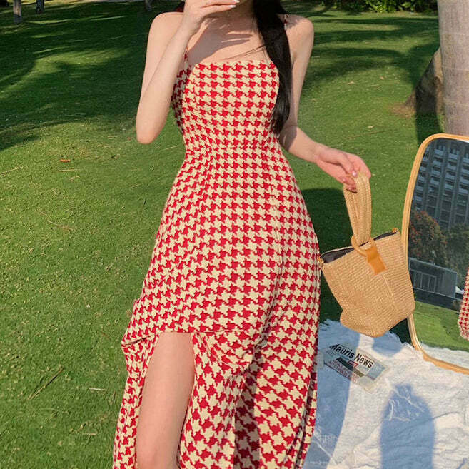 Gen Z Houndstooth Slit Waist Slip Dress for K-POP & Y2K Fashion