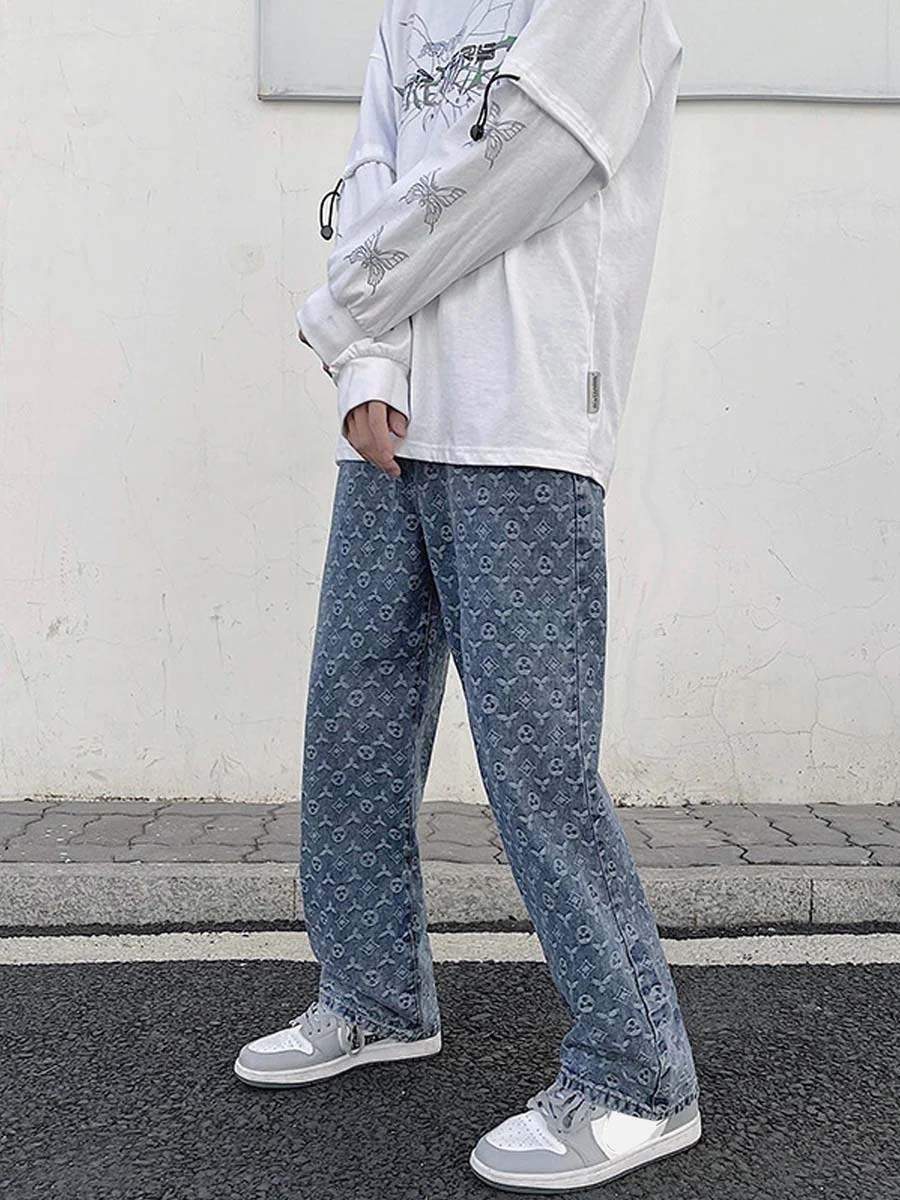 Gen Z Jacquard Baggy Denim Jeans for Y2K Streetwear Style