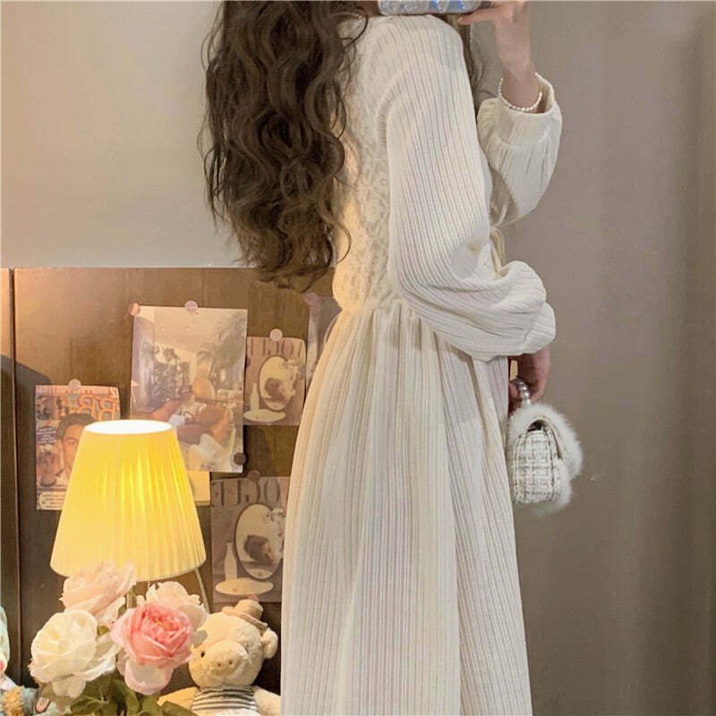 Gen Z K-POP Apricot Lace Midi Dress for Y2K Streetwear Style