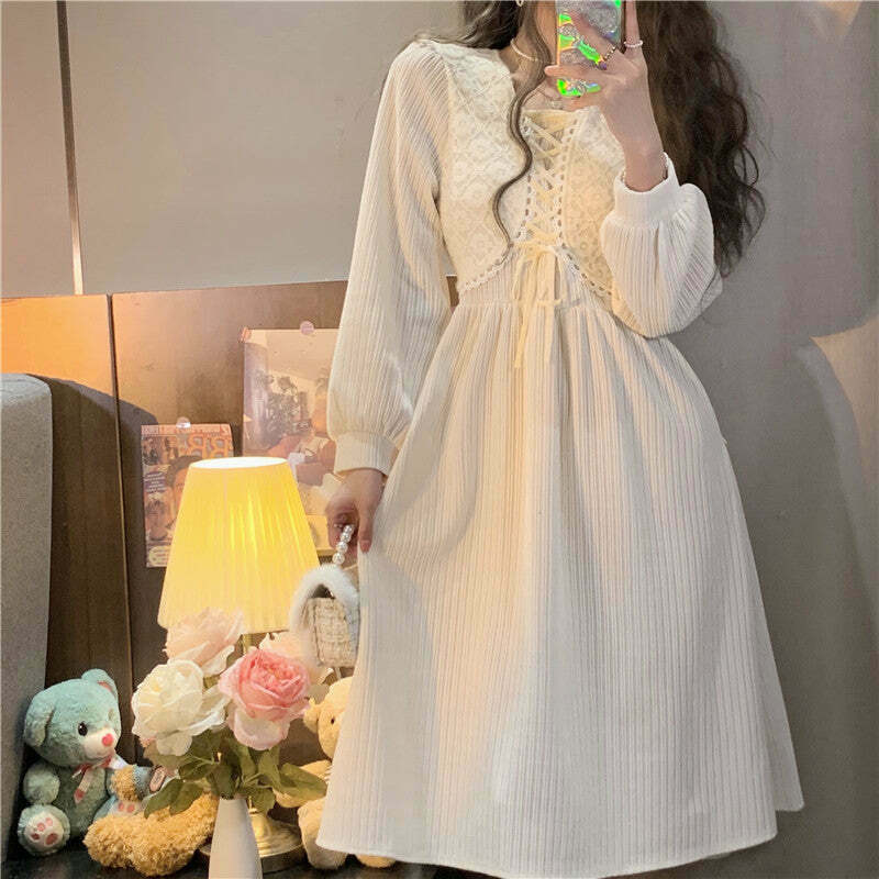 Gen Z K-POP Apricot Lace Midi Dress for Y2K Streetwear Style