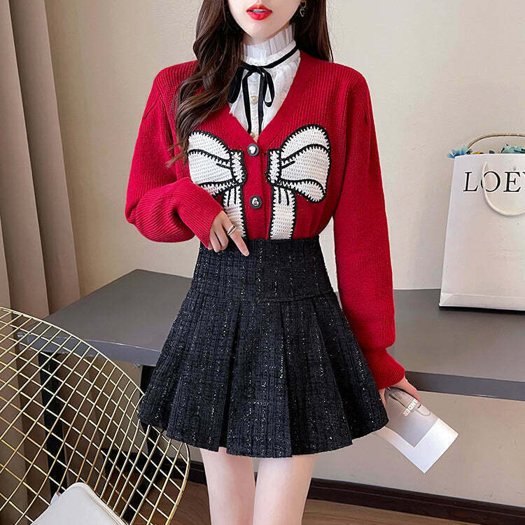 Gen Z K-POP Bow Cardigan & Pleated Tweed Skirt Set