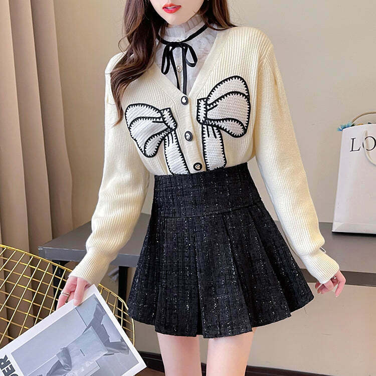 Gen Z K-POP Bow Cardigan & Pleated Tweed Skirt Set