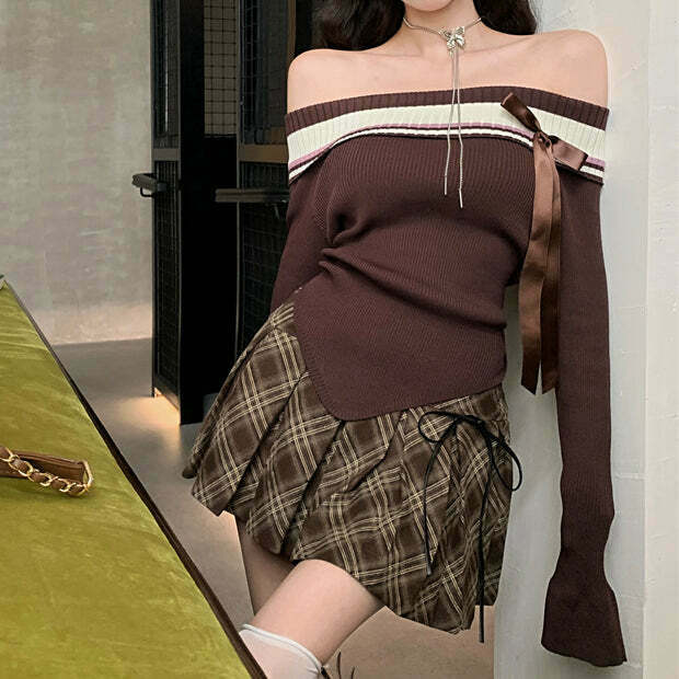 Gen Z K-POP Bow Sweater & Plaid Skirt Set for Y2K Streetwear Style