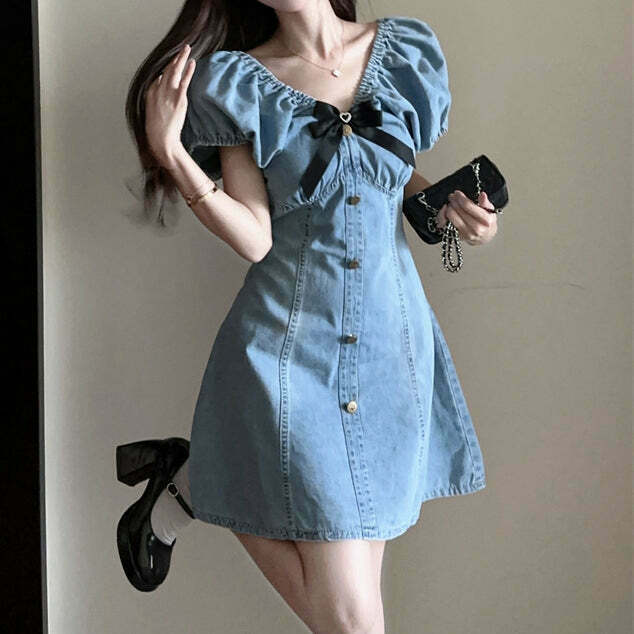 Gen Z K-POP Bowknot Denim Dress with V-Neck and Puff Sleeves