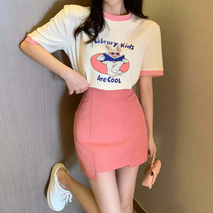 Gen Z K-POP Cartoon Print Tee with Irregular Skirt - Y2K Streetwear Style