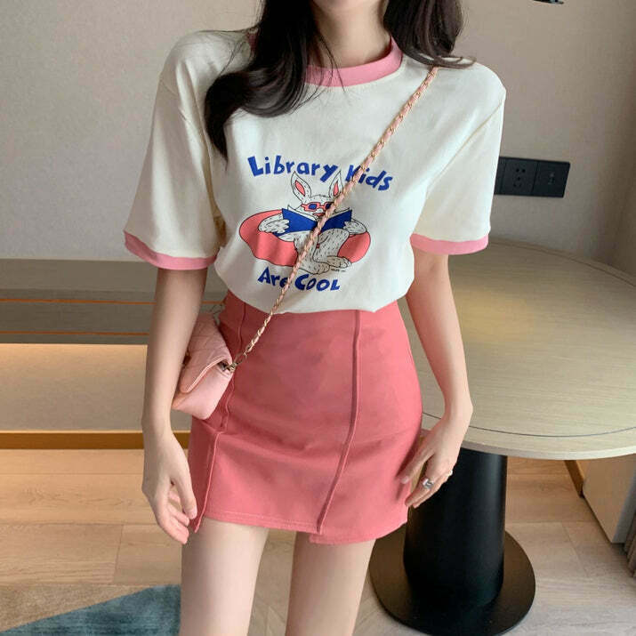 Gen Z K-POP Cartoon Print Tee with Irregular Skirt - Y2K Streetwear Style