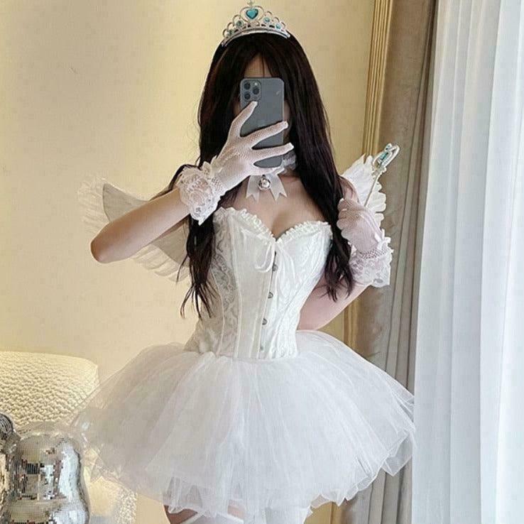 Gen Z K-POP Fashion: Angelie Prima Ballerina Dress Set with Gloves, Wings, Wand, Halo, Tiara - Y2K Streetwear