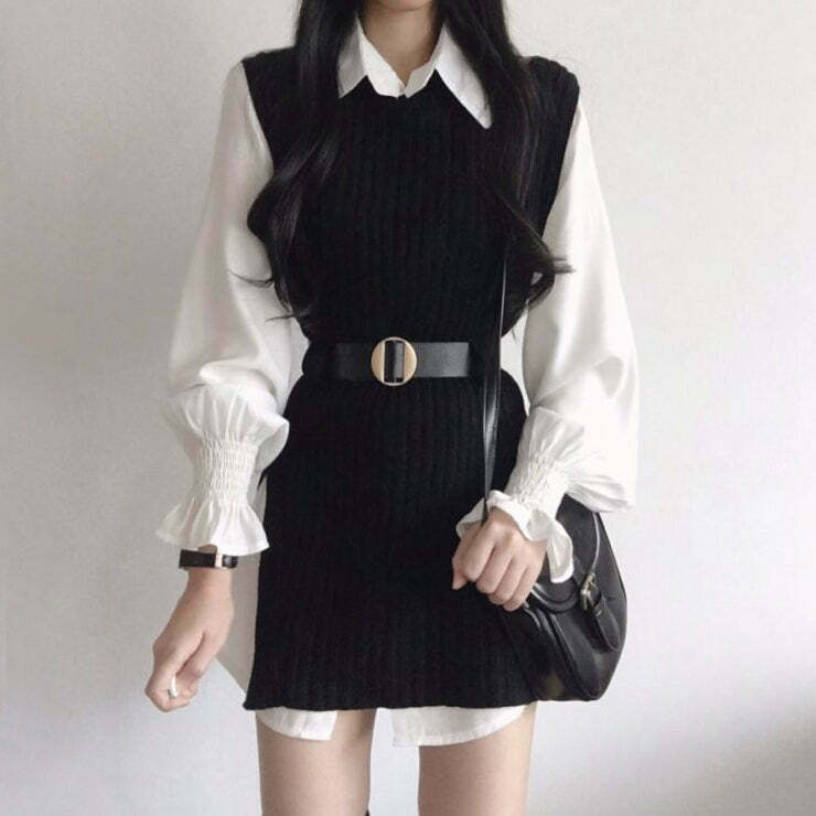 Gen Z K-POP Flared Sleeve Shirt & Knitted Vest Winter Dress Set