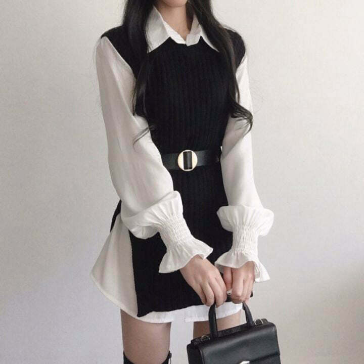 Gen Z K-POP Flared Sleeve Shirt & Knitted Vest Winter Dress Set