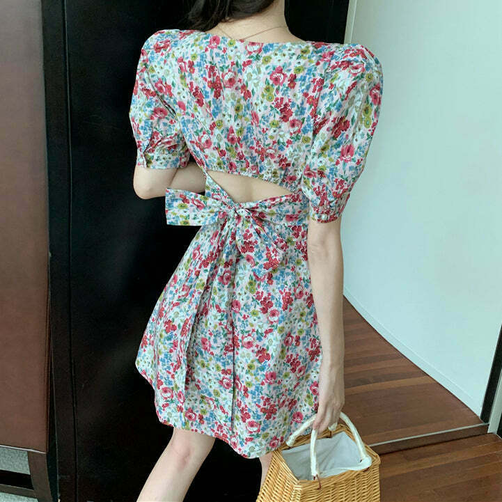 Gen Z K-POP Floral Puff Sleeve Backless Dress | Y2K Streetwear