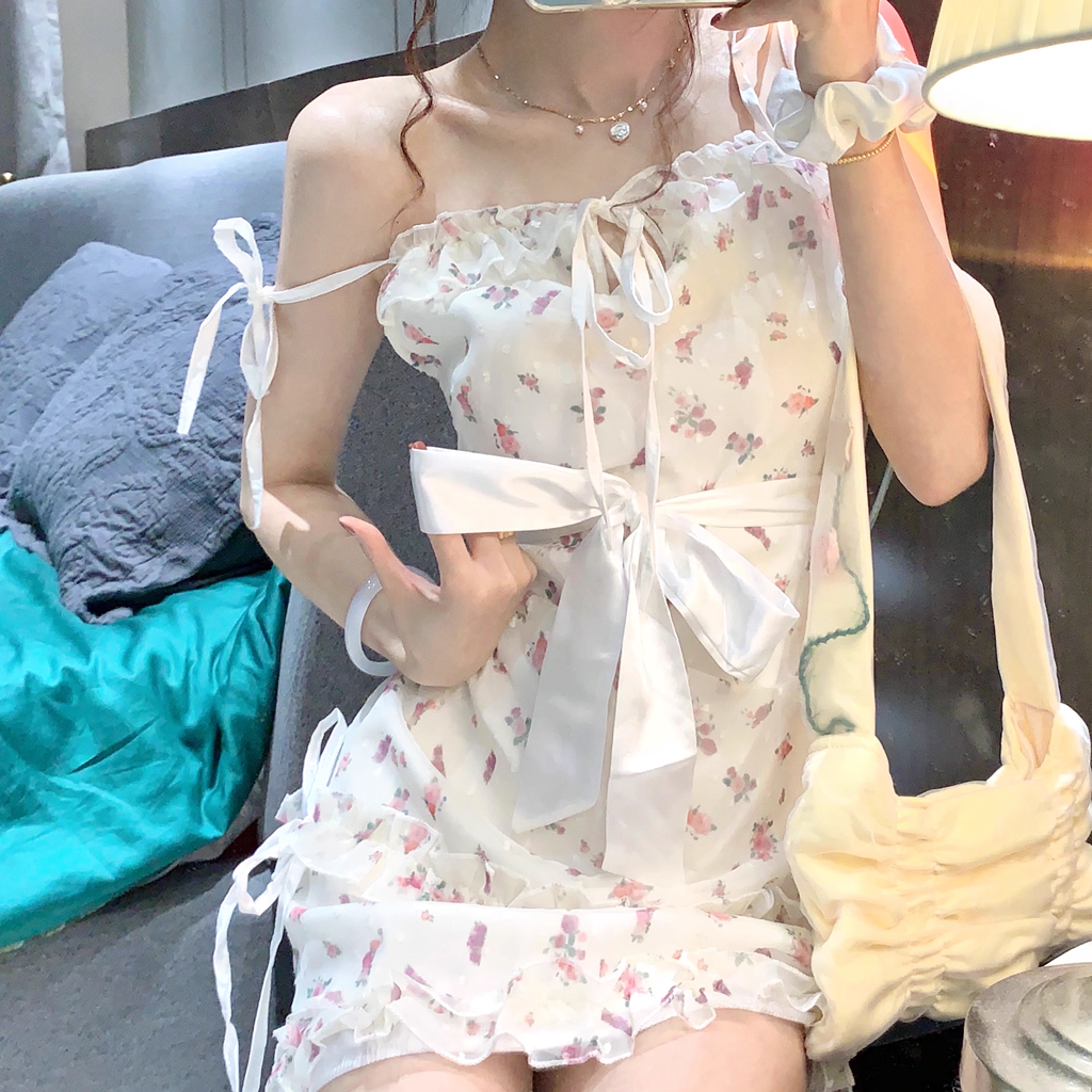 Gen Z K-POP Floral Suspender Dress with Fungus Trim