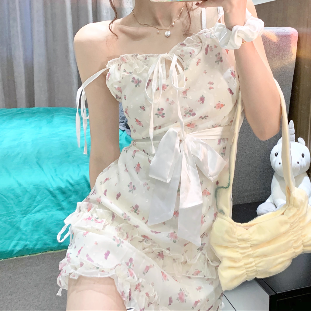 Gen Z K-POP Floral Suspender Dress with Fungus Trim