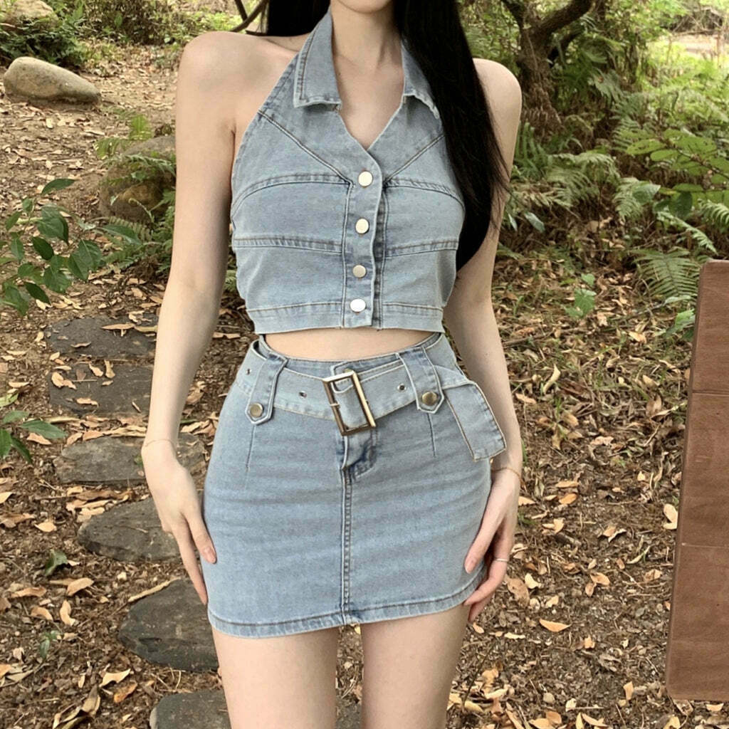 Gen Z K-POP Halter Neck Camisole & Denim Skirt Set | Streetwear Y2K