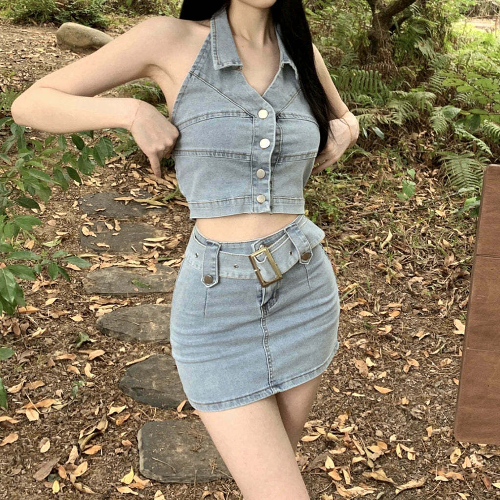 Gen Z K-POP Halter Neck Camisole & Denim Skirt Set | Streetwear Y2K