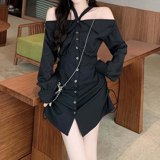 Gen Z K-POP Halter Neck Off Shoulder Dress | Y2K Streetwear Style