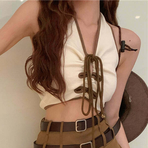 Gen Z K-POP Halter Neck Tie Tank Top with Belted Short Skirt