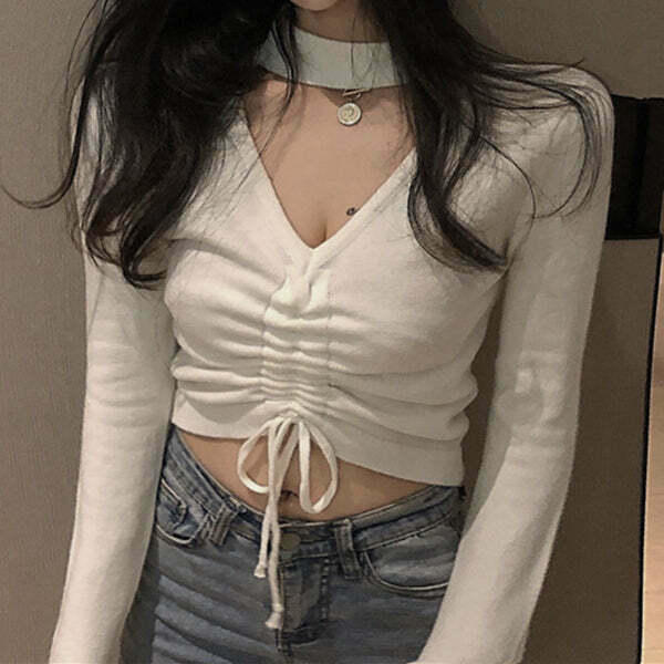 Gen Z K-POP Halter V-Neck Knit Crop Top for Y2K Streetwear Style