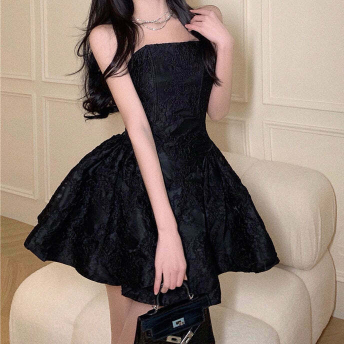 Gen Z K-POP Jacquard Bandeau Black Puff Dress | Y2K Streetwear Style