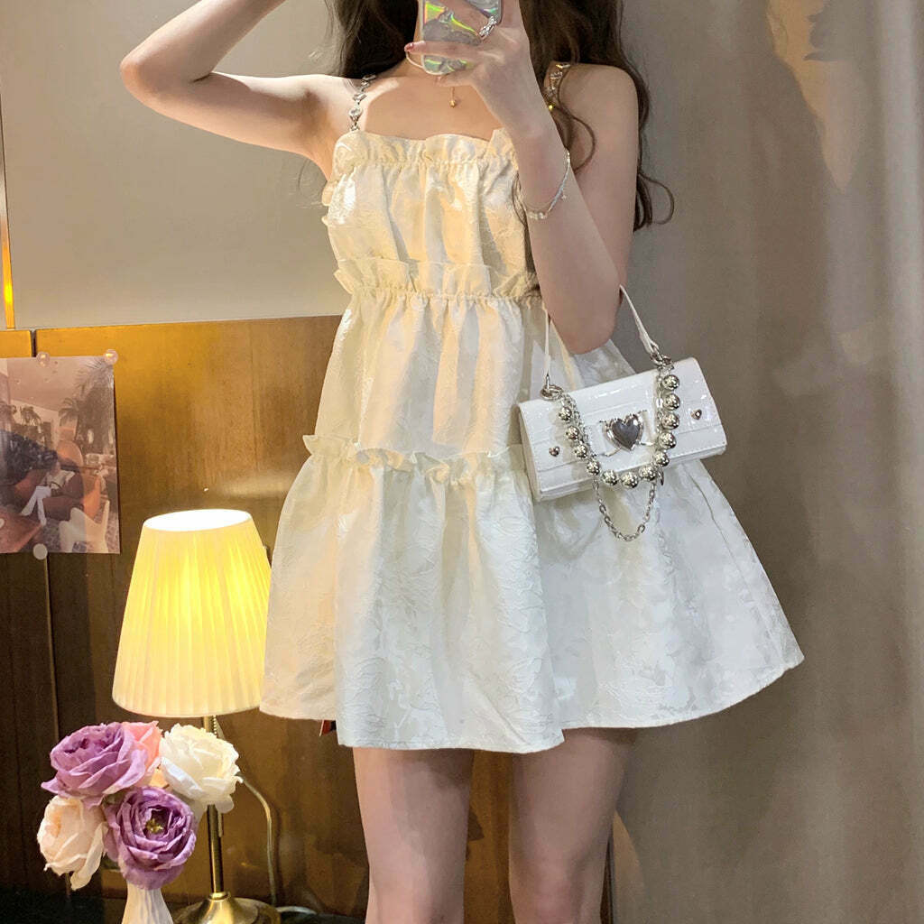 Gen Z K-POP Jacquard Ruffle Puffy Sling Dress for Y2K Streetwear