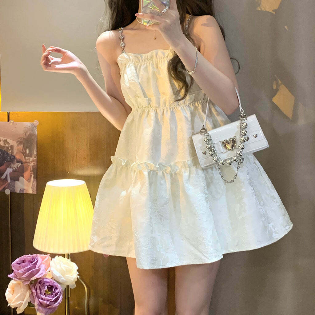 Gen Z K-POP Jacquard Ruffle Puffy Sling Dress for Y2K Streetwear