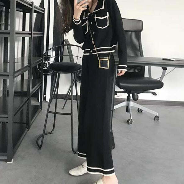 Gen Z K-POP Knit Top & Wide-Leg Pant Set for Y2K Streetwear Style